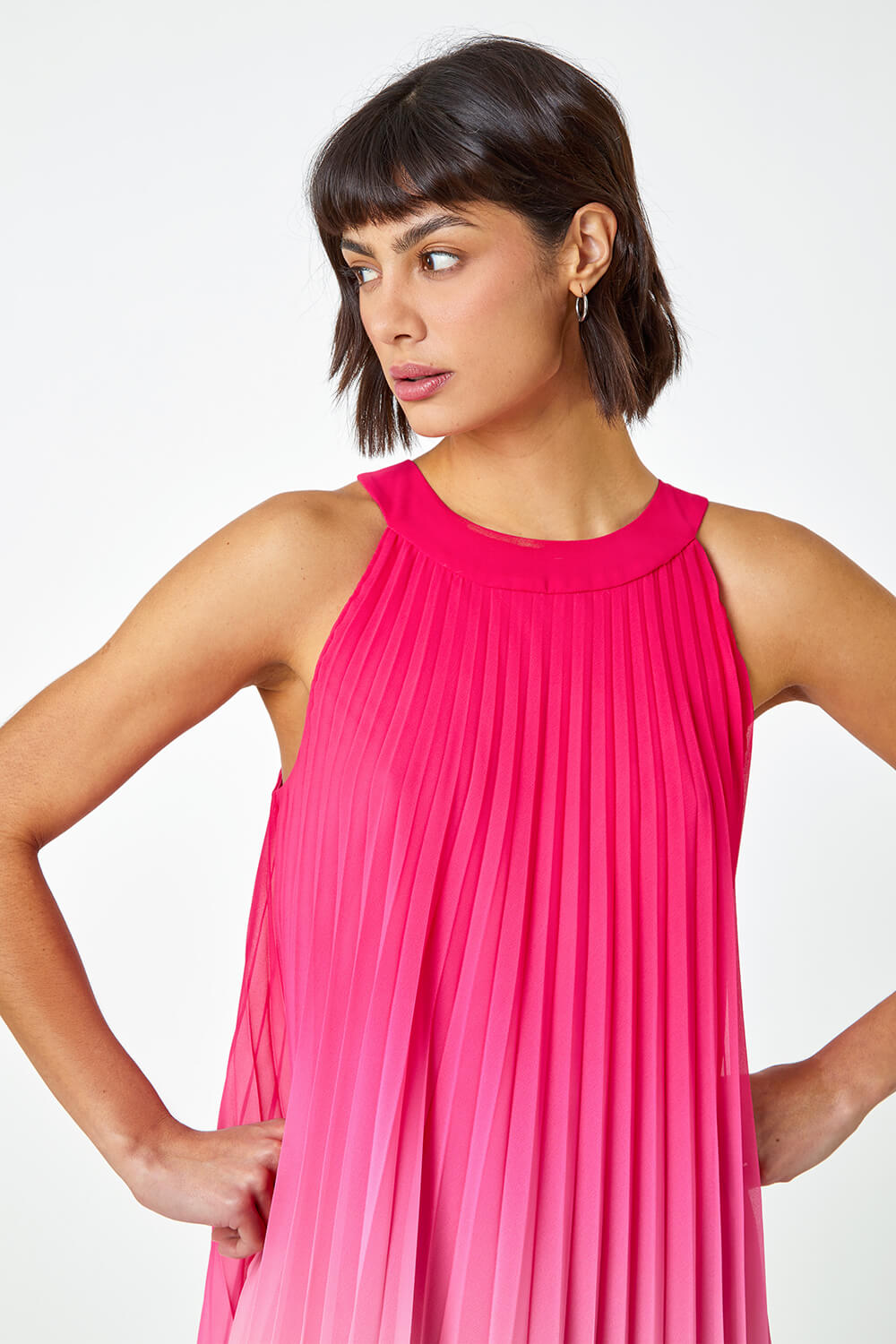 CERISE Ombre Halter Neck Pleated Swing Dress, Image 4 of 5