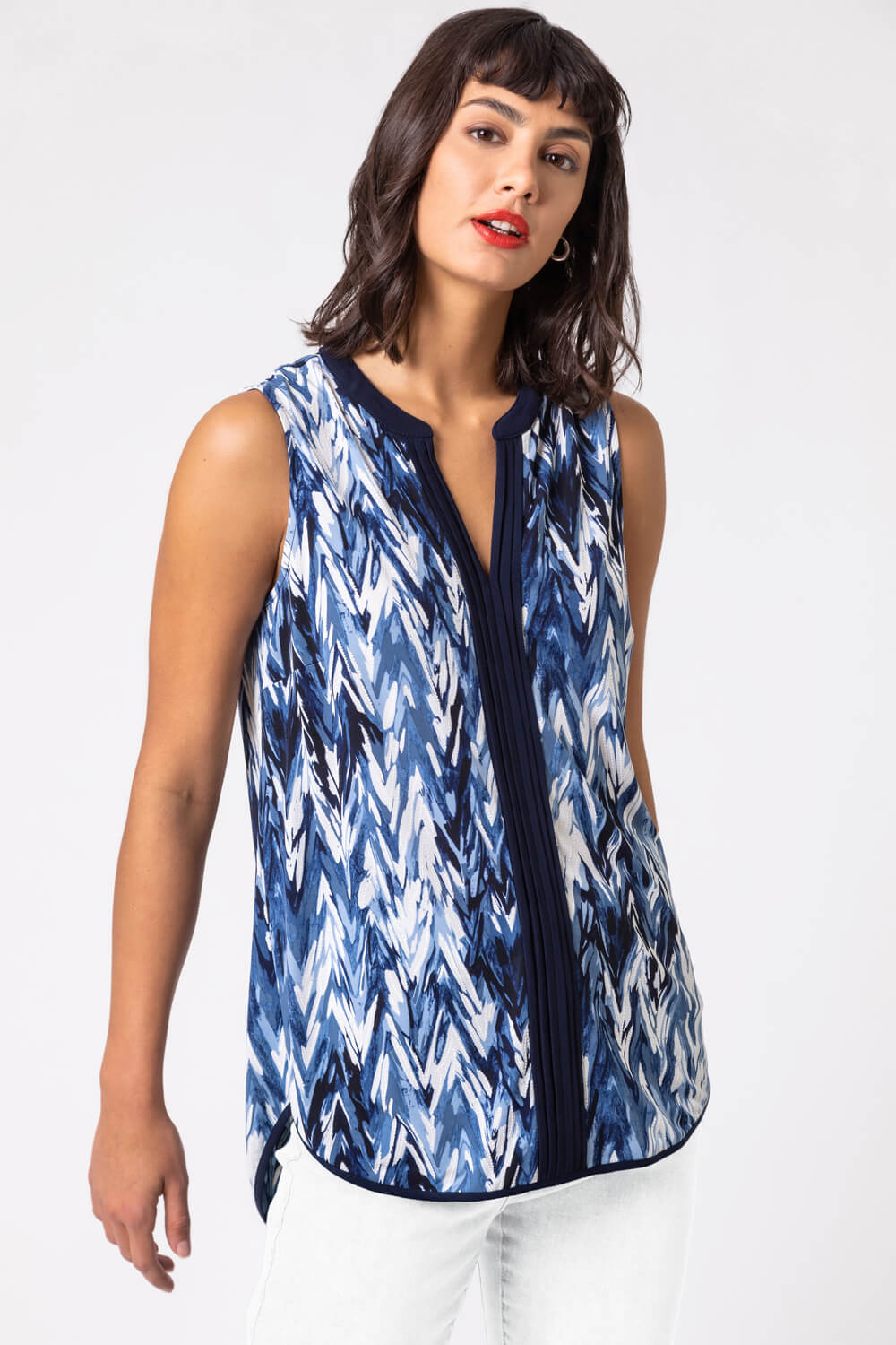 Blue Abstract Print Notch Neck Sleeveless Top, Image 4 of 4