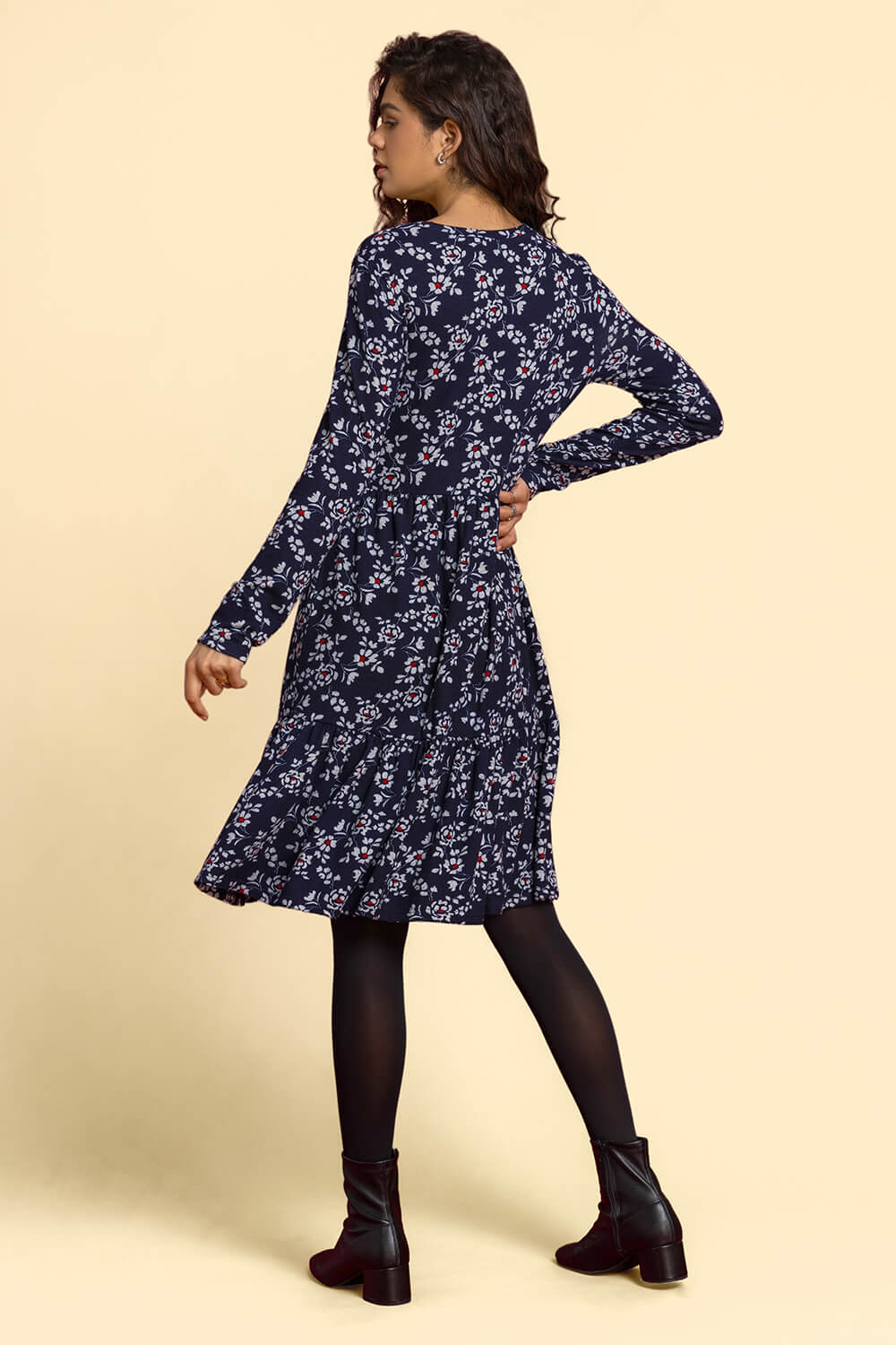 Navy  Floral Print Tiered Dress, Image 2 of 4