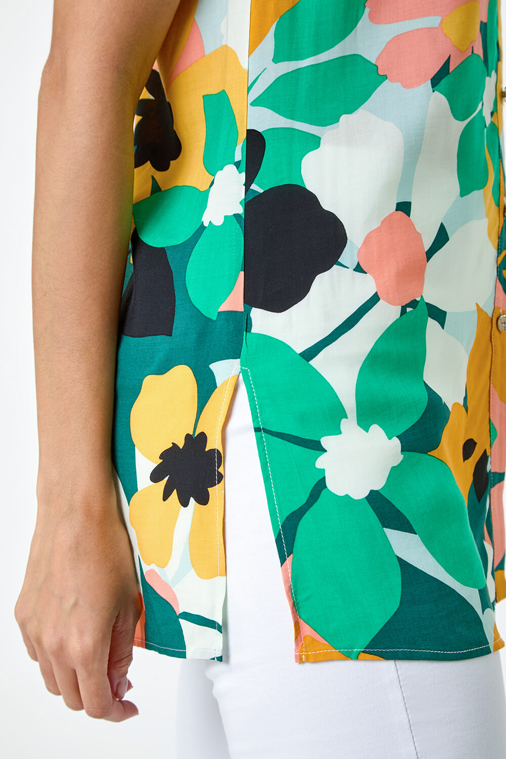 Green Floral Print Sleeveless Button Blouse, Image 5 of 5