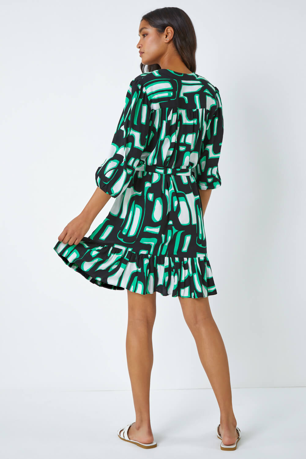 Green Belted Frill Hem Geometric Print Dress, Image 3 of 5