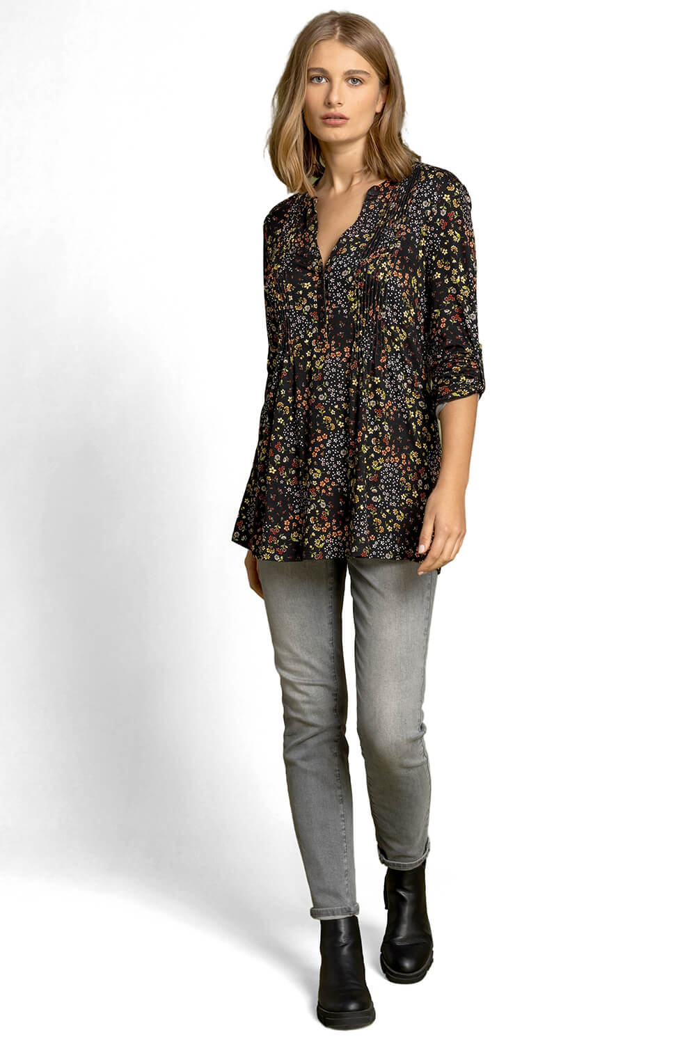Multi  Floral Print Pintuck 3/4 Sleeve Jersey Shirt, Image 3 of 4