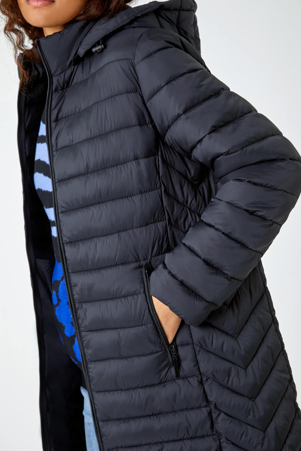 Black Longline Hooded Padded Coat, Image 5 of 5
