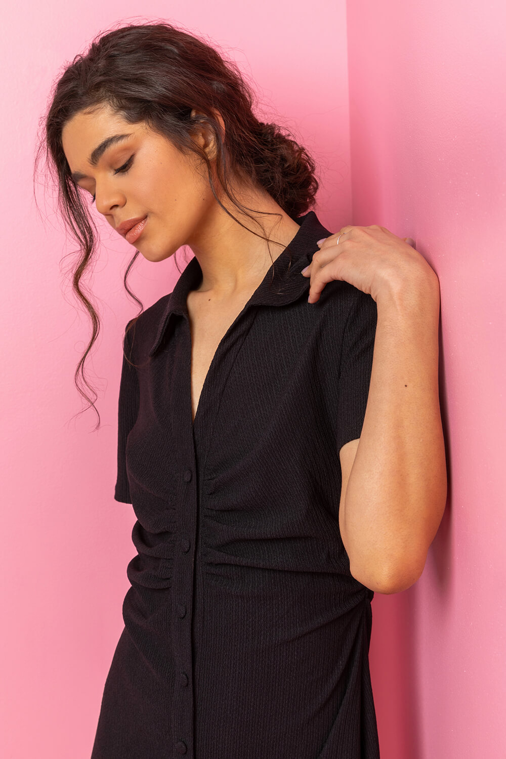 Black Ruched Detail Stretch Shirt Dress, Image 5 of 5