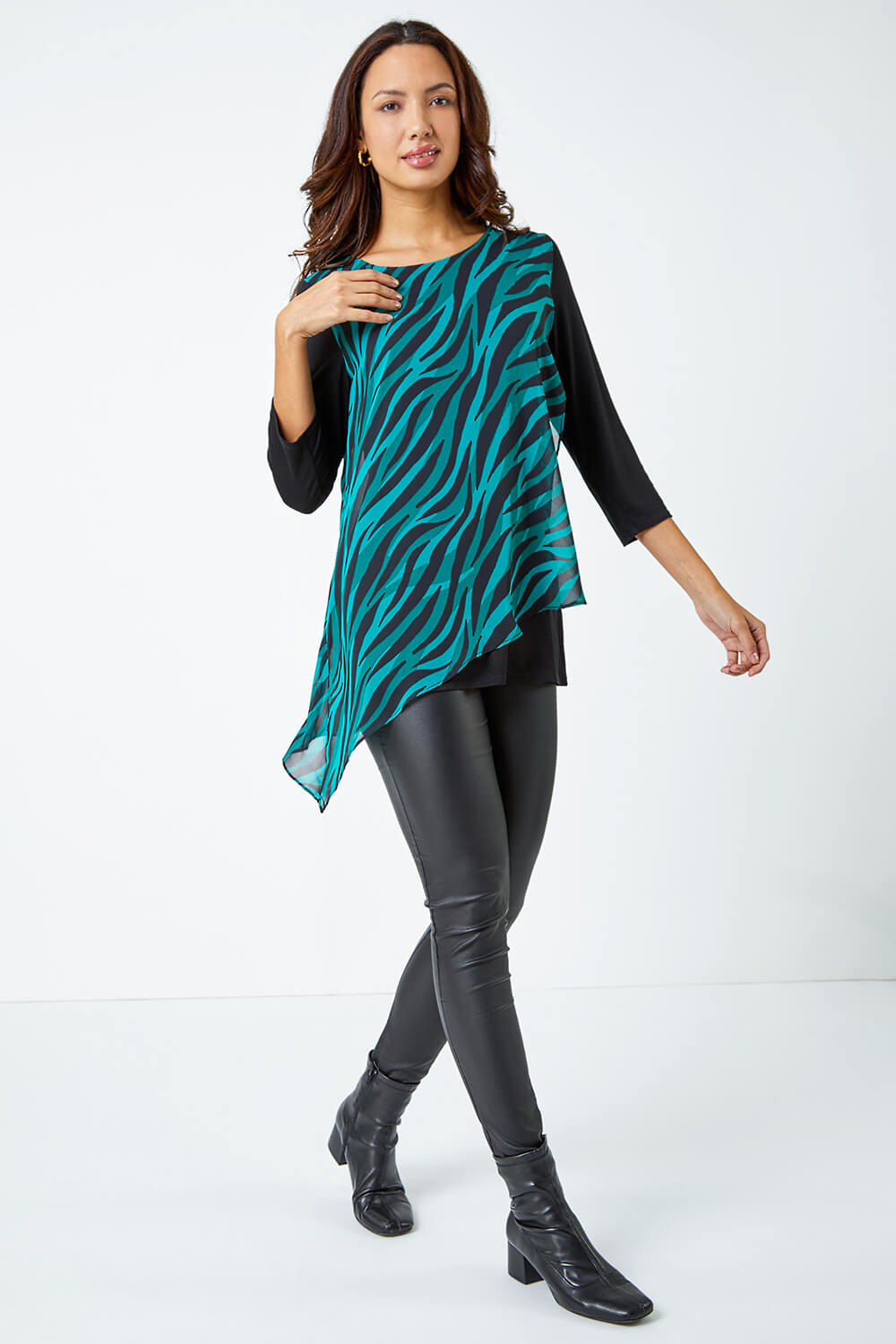 Green Abstract Print Overlay Tunic Top , Image 2 of 5