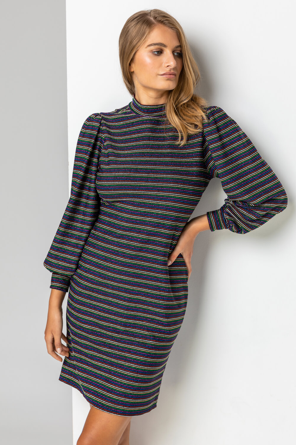 Multi  Shimmer Stripe High Neck Dress, Image 1 of 4