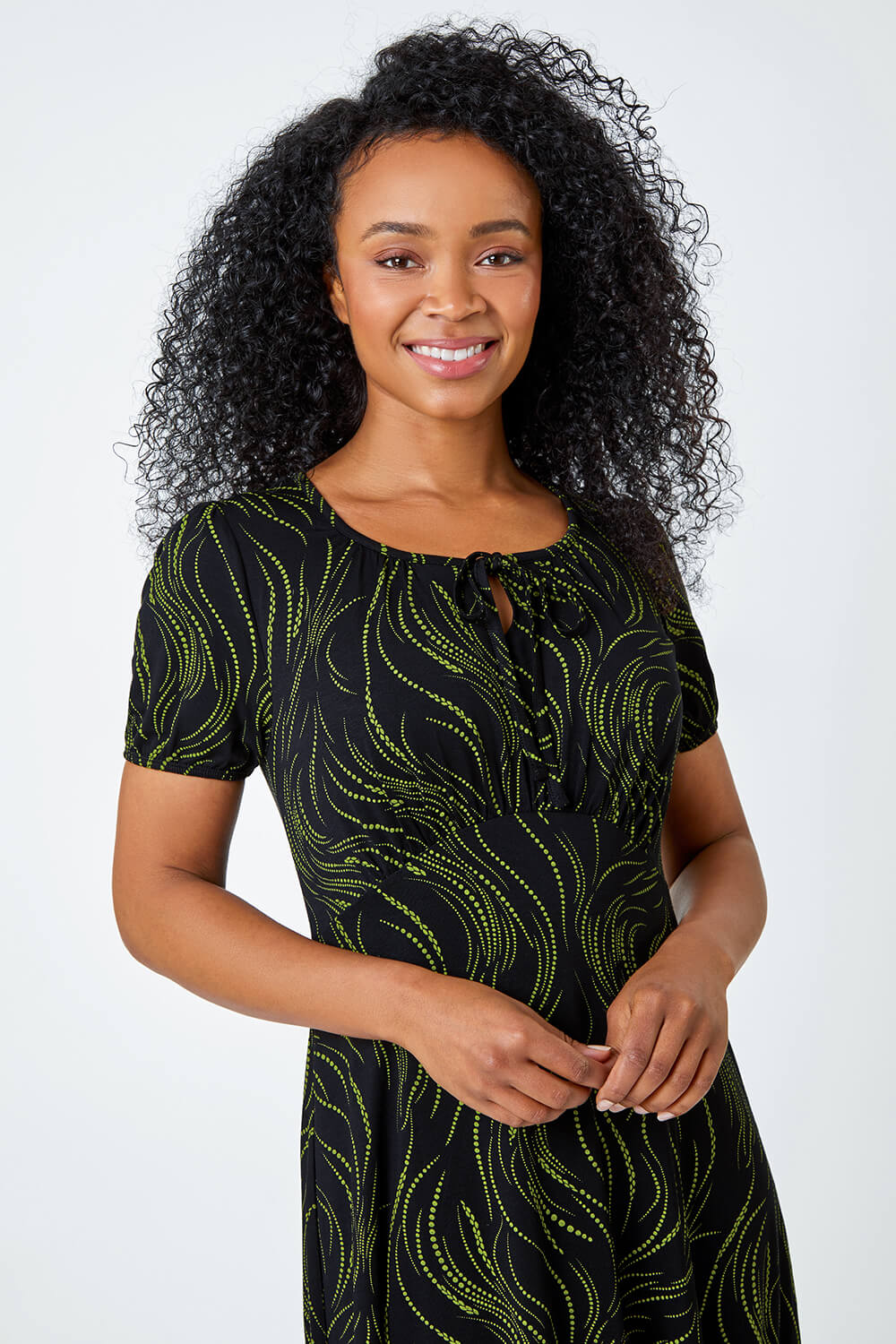 Lime Petite Abstract Print Tie Neck Dress, Image 4 of 5