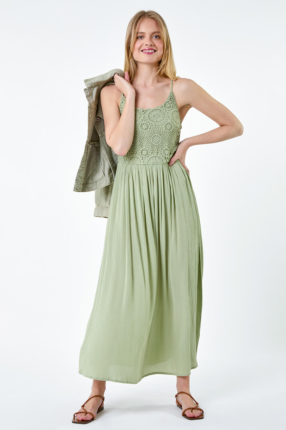KHAKI Lace Bodice Shirred Midi Dress, Image 2 of 5