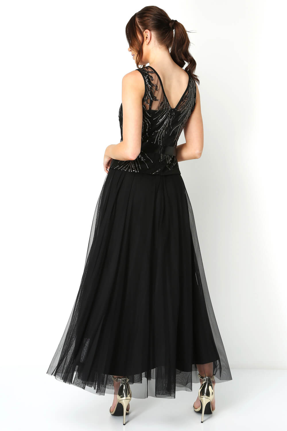 Black Sequin Tulle Maxi Dress, Image 3 of 5