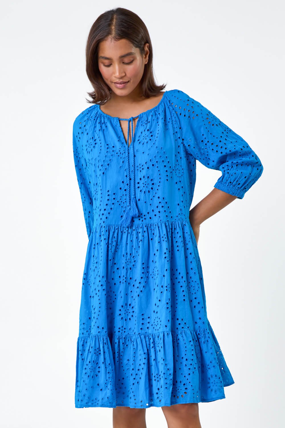 Royal Blue Cotton Broderie Tiered Smock Dress, Image 2 of 5