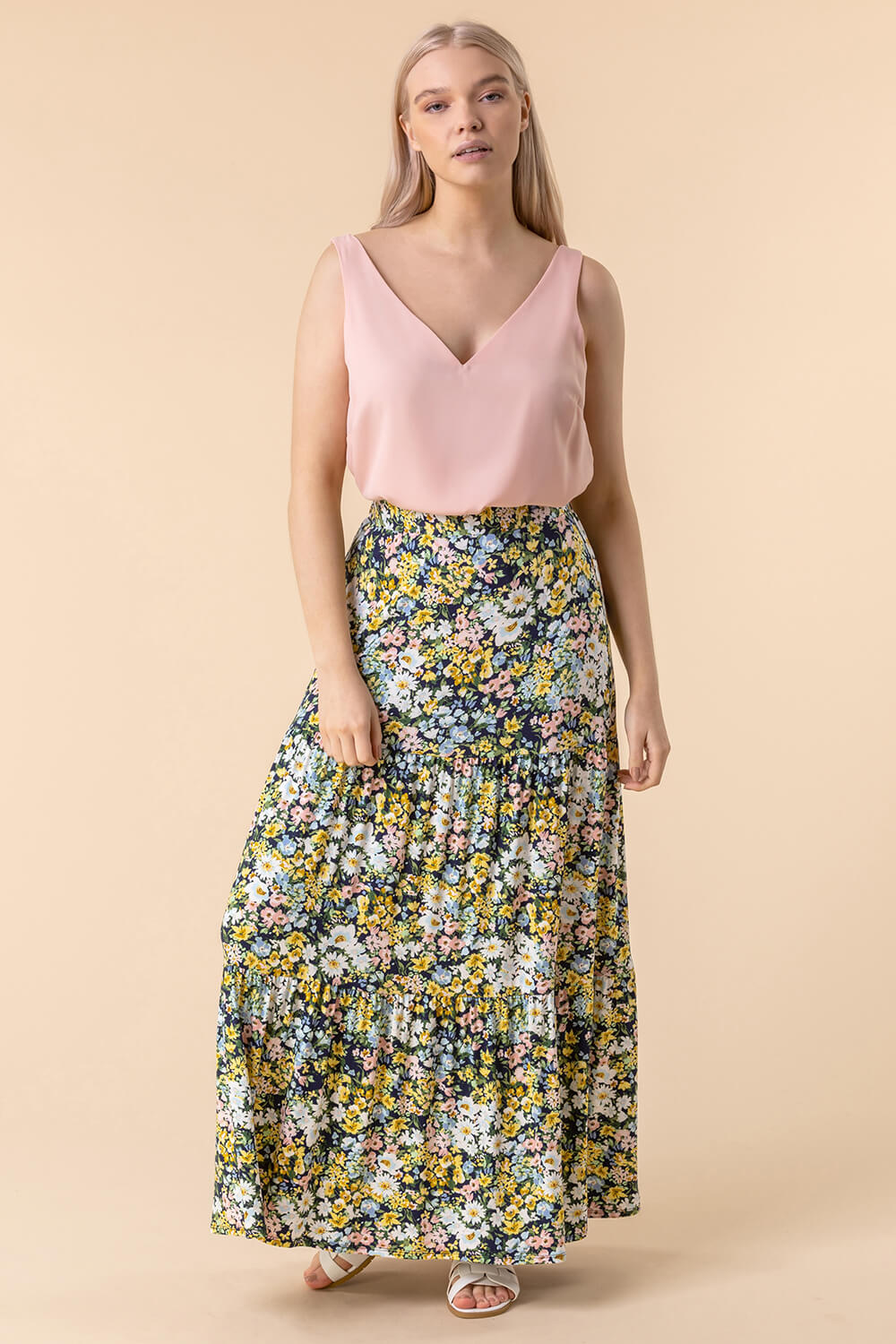 Multi  Floral Print Tiered Skirt , Image 3 of 4