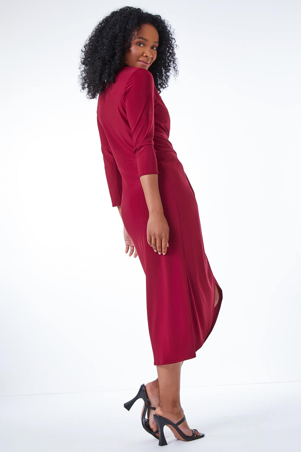 Wine Petite Ruched Side Wrap Stretch Midi Dress, Image 3 of 5