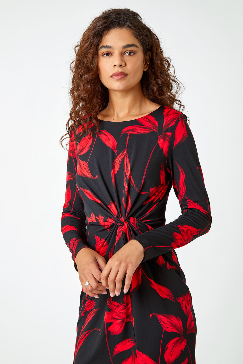 Red Floral Print Twist Detail Stretch Dress, Image 4 of 5