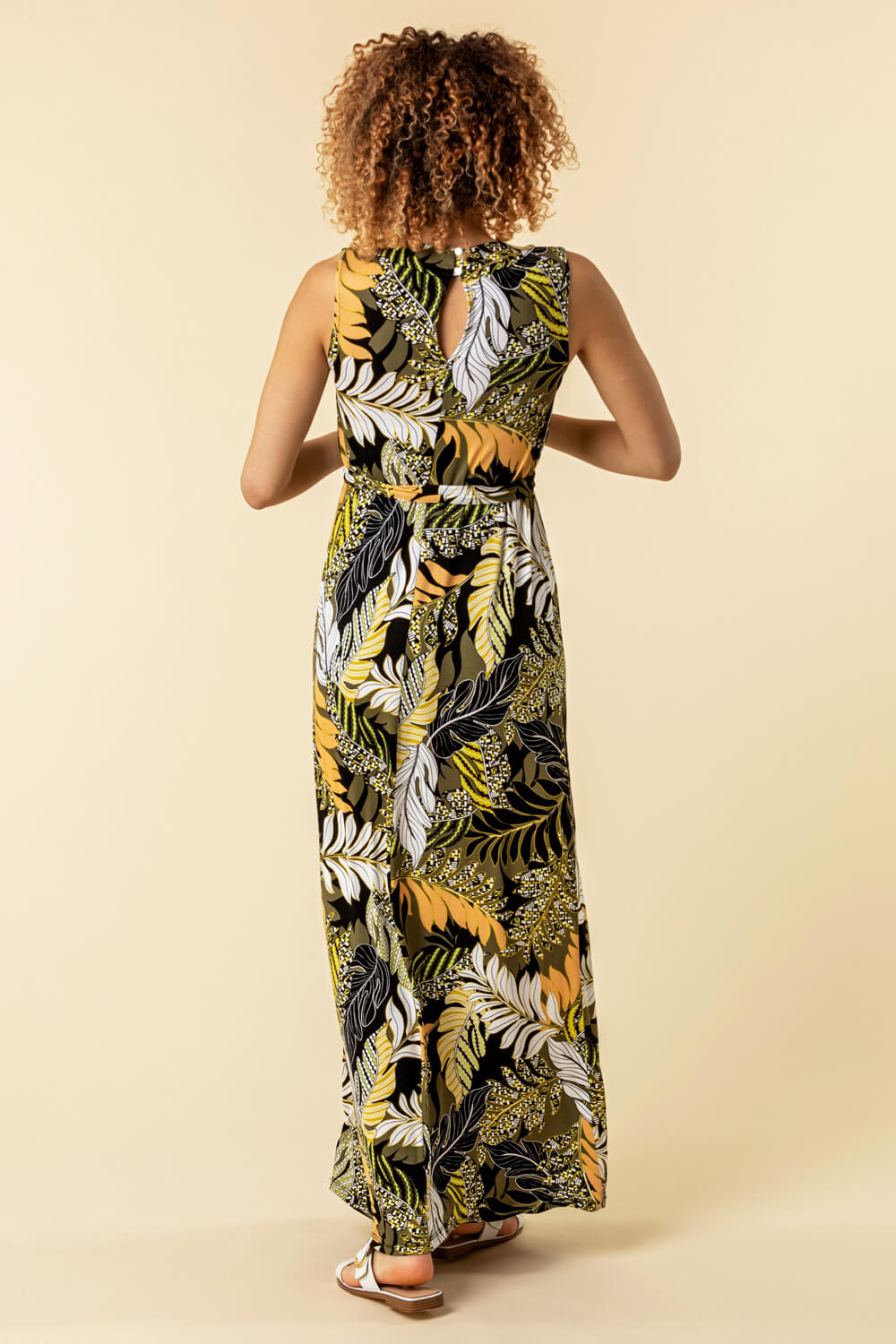 KHAKI Tropical Print Belted Maxi Dress, Image 2 of 4