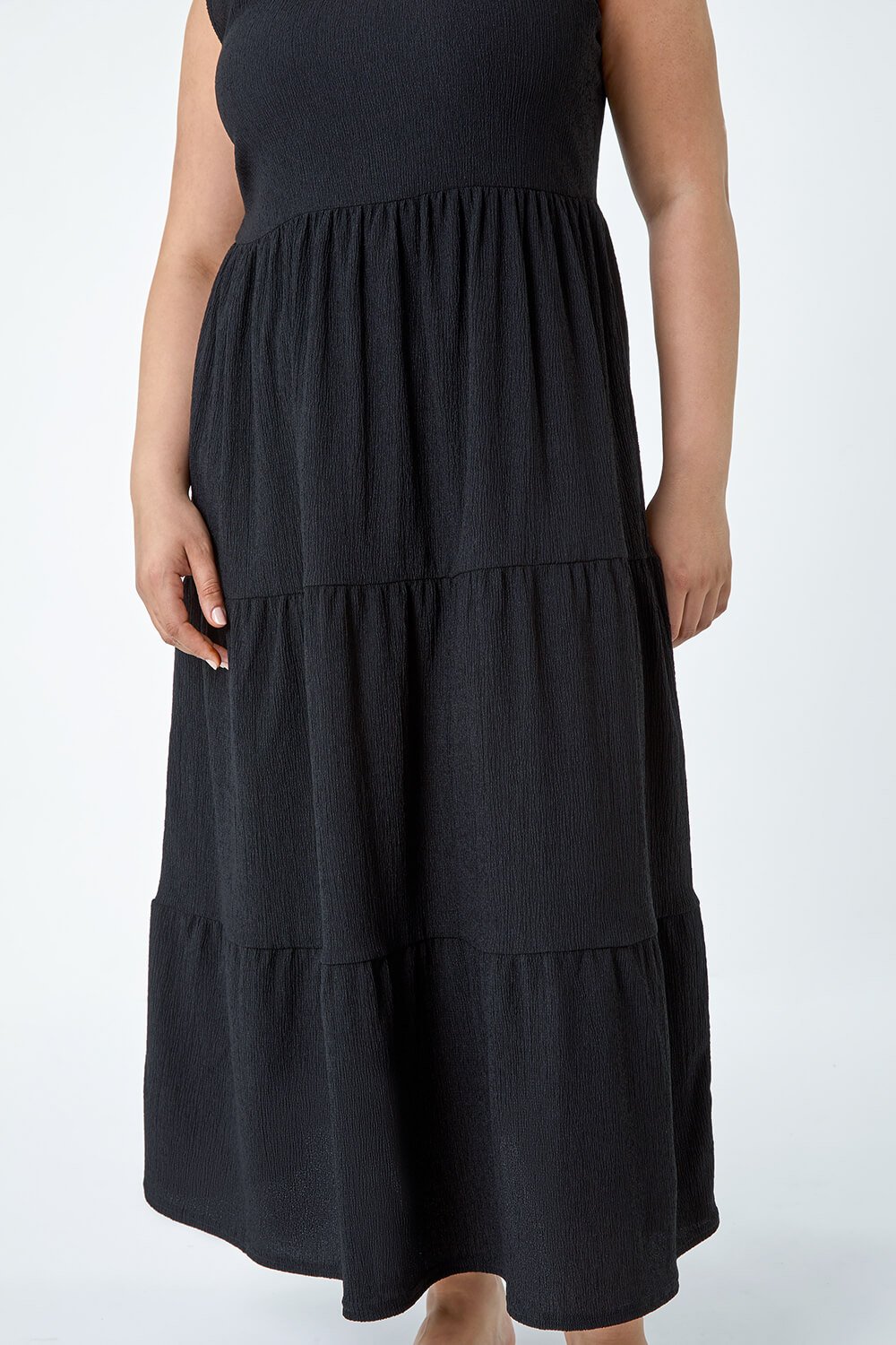 Black Curve Plain Textured Tiered Midi Dress, Image 5 of 5