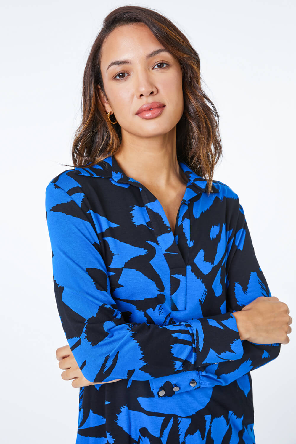 Royal Blue Abstract Animal Jersey Stretch Shirt, Image 4 of 5