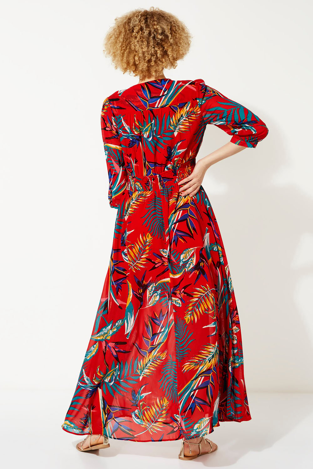 red tropical print dress