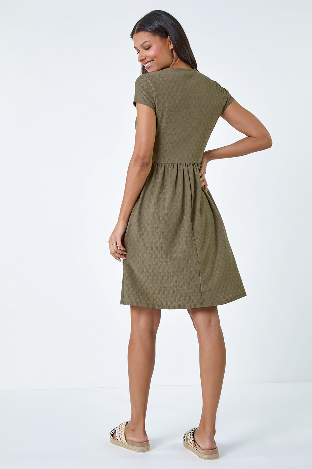 KHAKI Textured Ruched Stretch Jersey Dress, Image 3 of 5