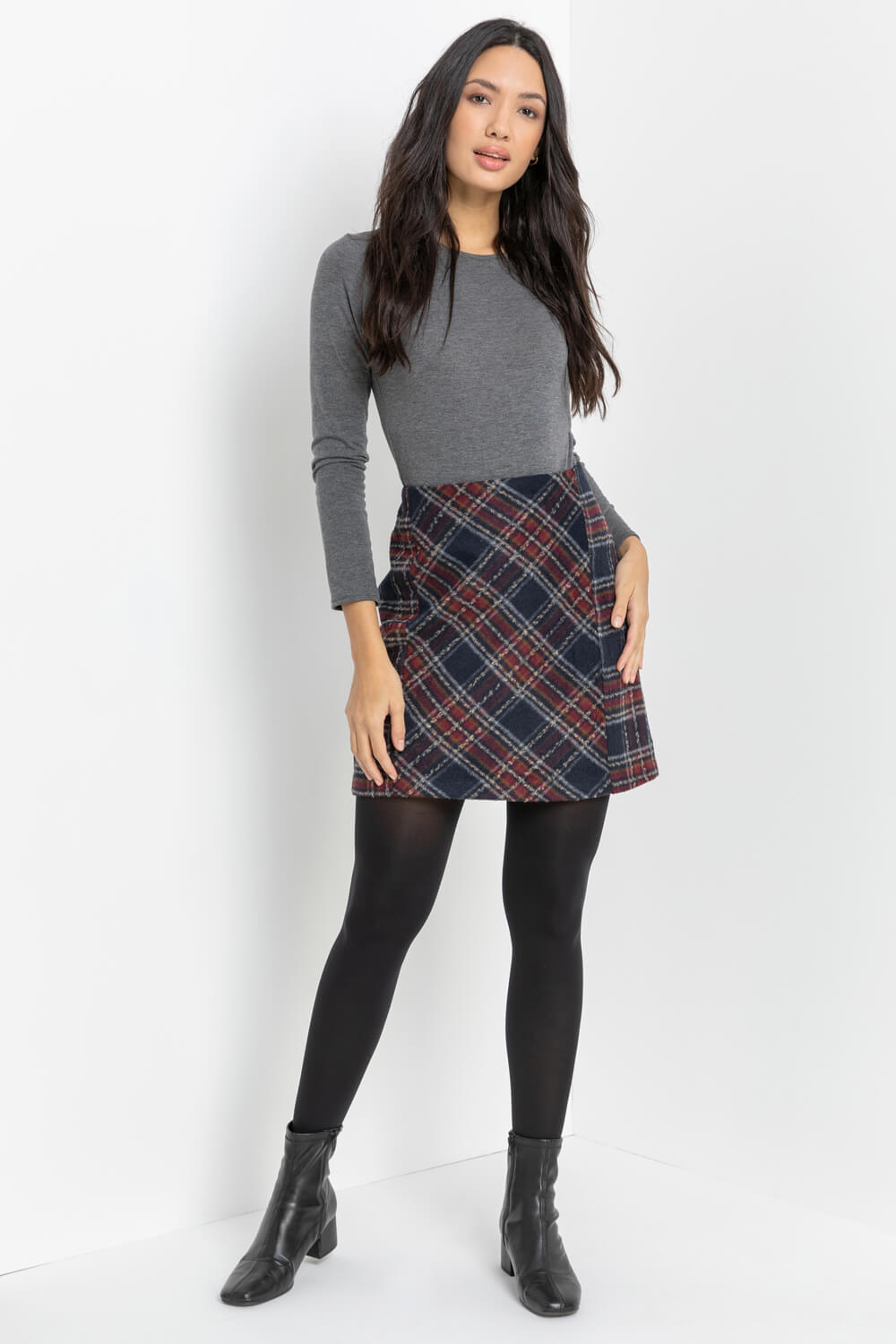 Navy  Brushed Check Print Panelled Skirt, Image 3 of 4