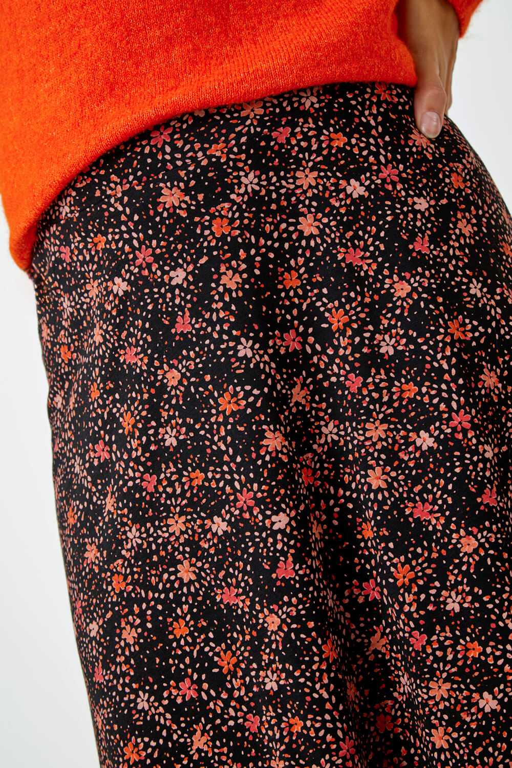 Chocolate Cotton Blend Ditsy Print Midi Skirt, Image 5 of 5