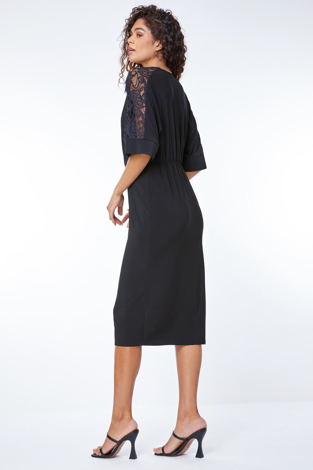 Black Lace Trim Wrap Midi Dress, Image 3 of 6