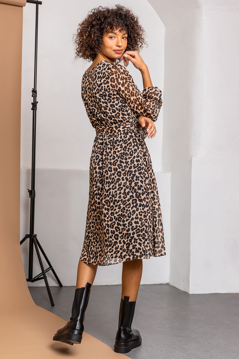 Brown Leopard Print Belted Wrap Dress, Image 2 of 5