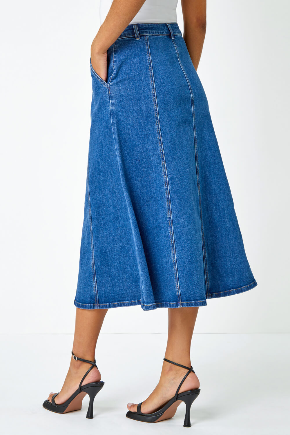 Denim Cotton Denim Panelled Midi Skirt , Image 3 of 5
