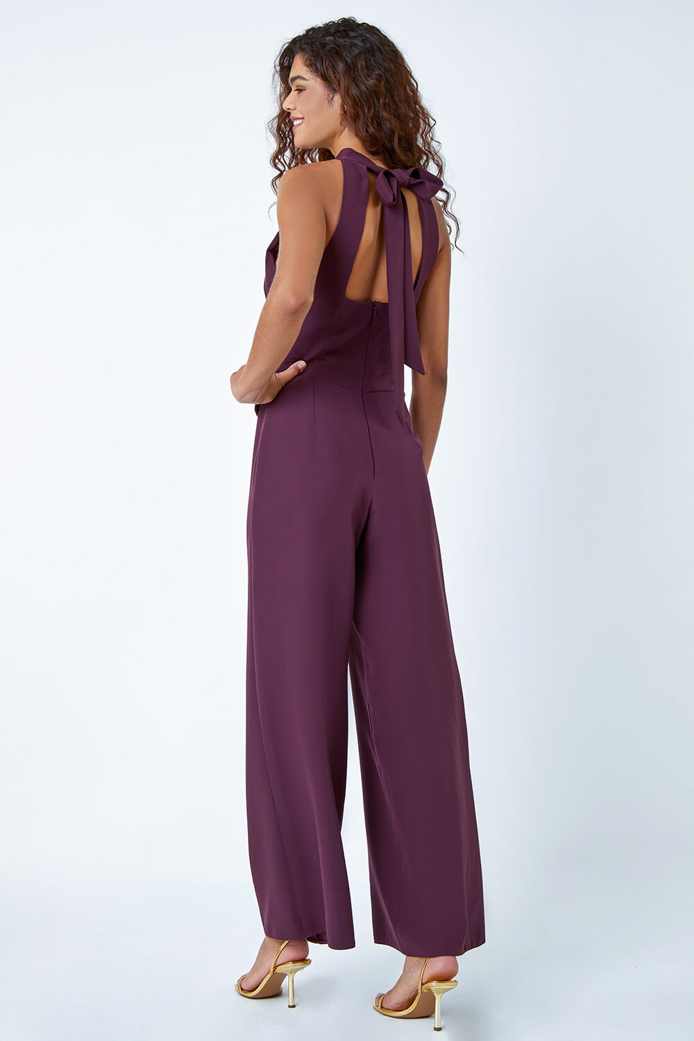 Wine Pleated Halter Neck Wide Leg Stretch Jumpsuit, Image 3 of 5
