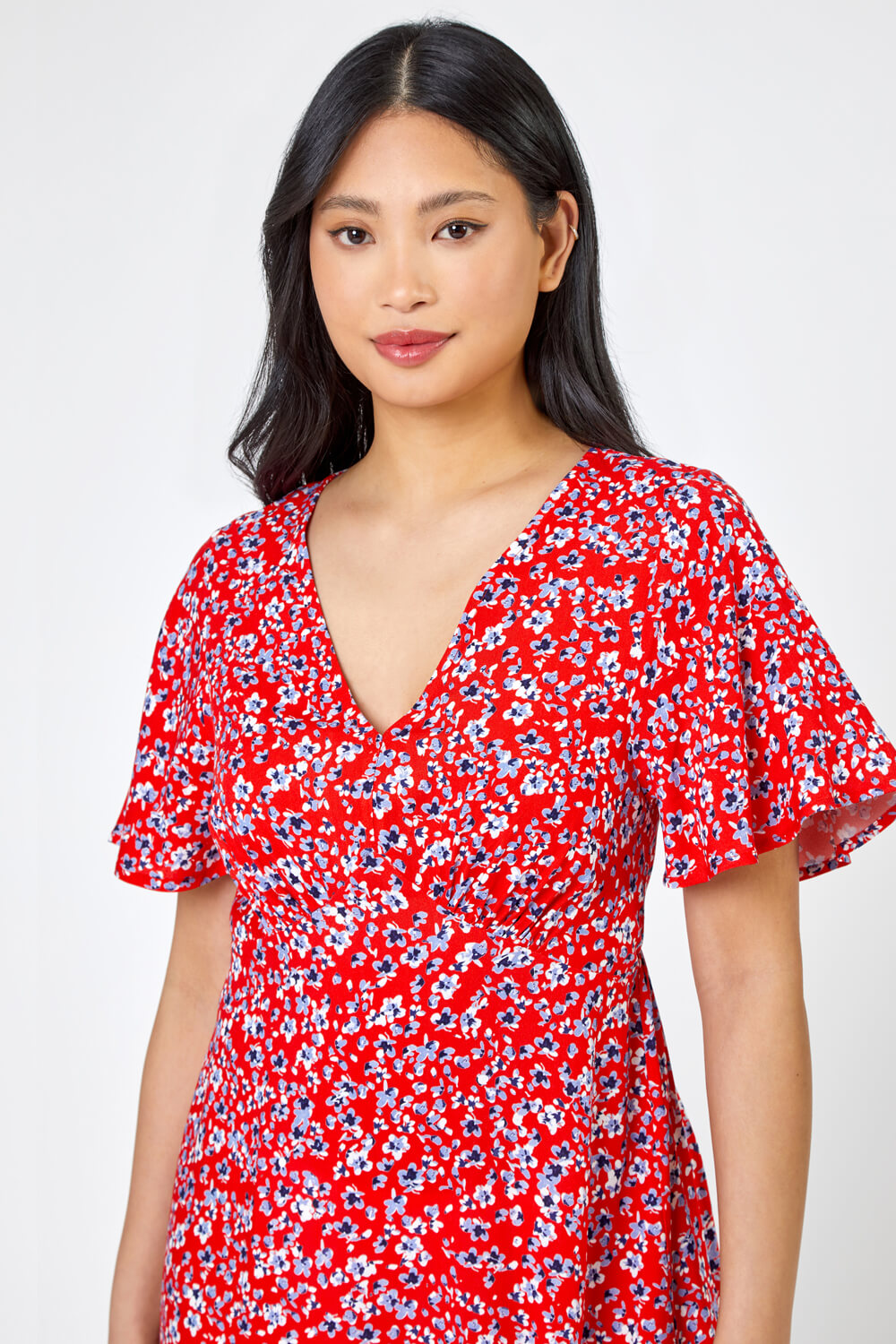 Red Petite Floral Print Flute Sleeve Dress, Image 4 of 5
