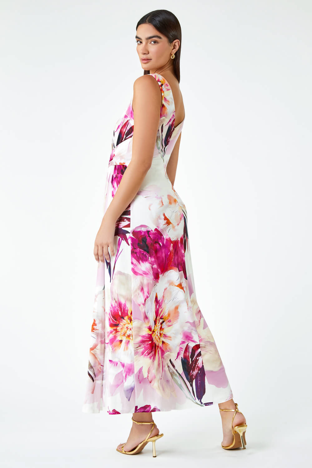 PINK Floral Drape Twist Ruched Maxi Dress, Image 3 of 6