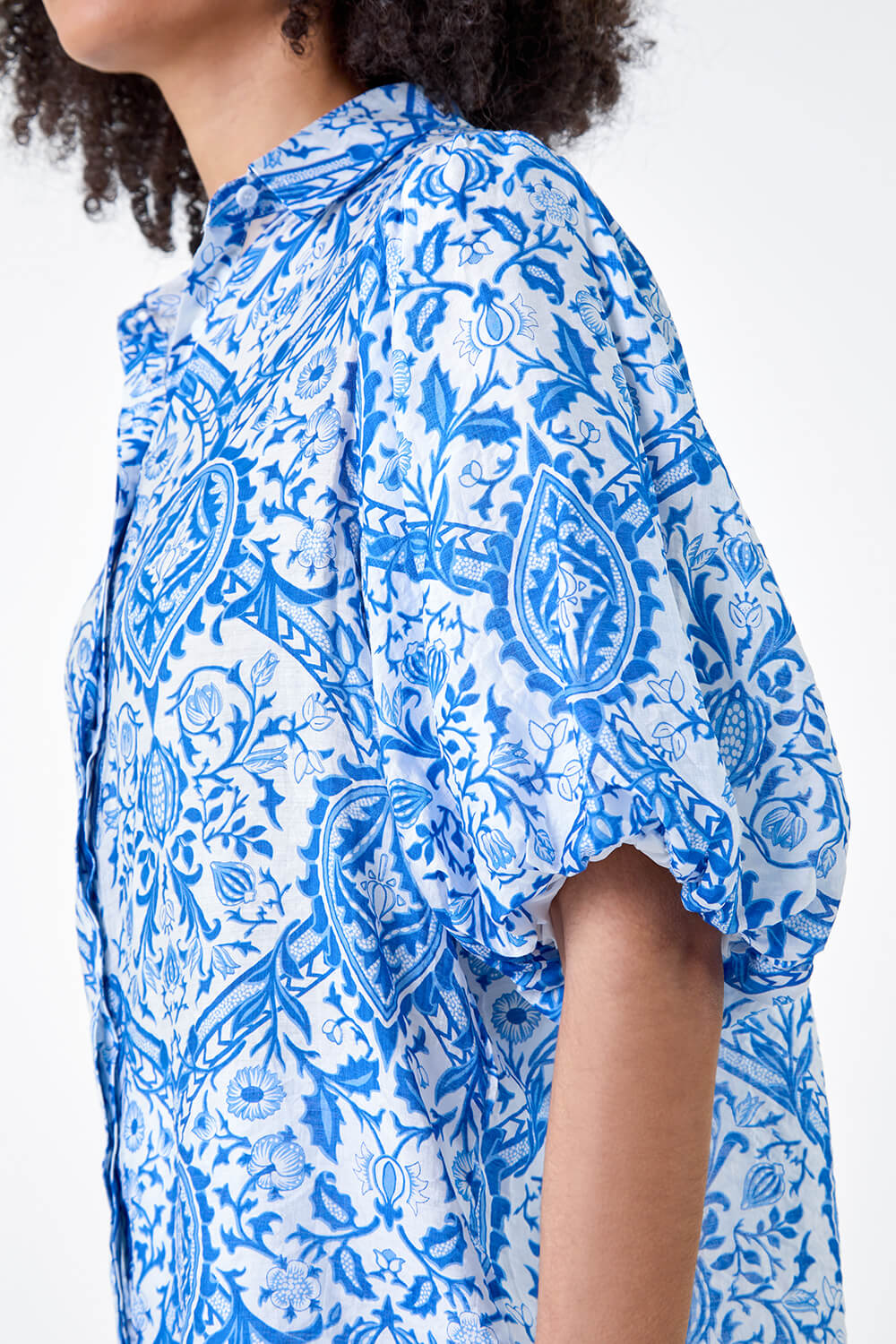 Blue Floral Print Puff Sleeve Shirt, Image 5 of 5
