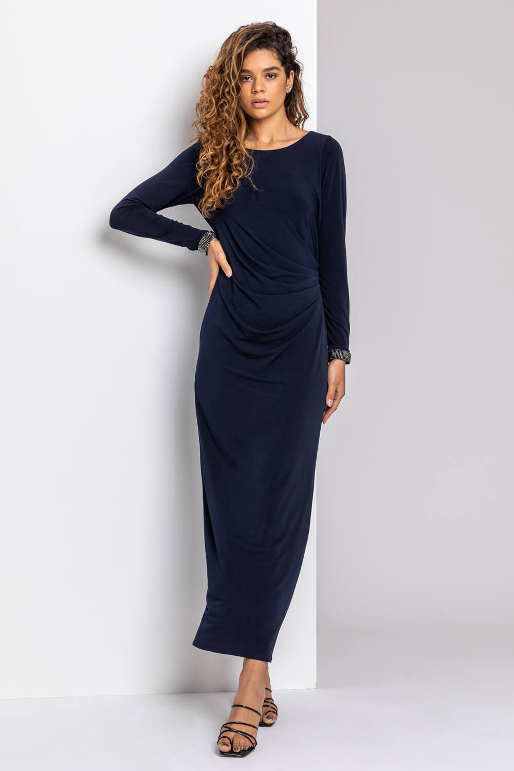 Midnight Blue Sparkle Embellished Ruched Maxi Dress, Image 3 of 4