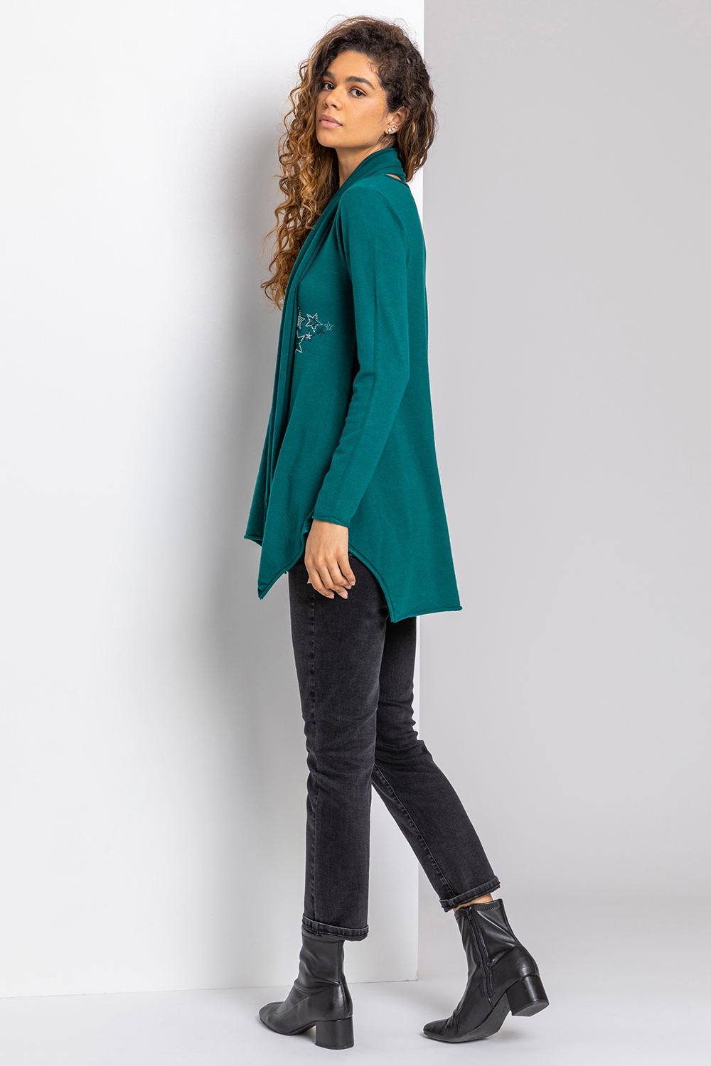 Green Star Print Embellished Tunic with Scarf, Image 2 of 4