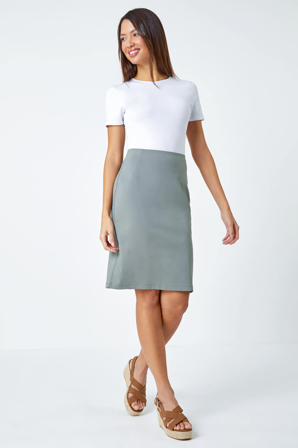 KHAKI Pull On Stretch Pencil Skirt, Image 2 of 5