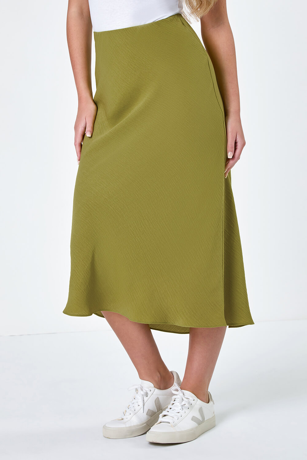 Olive Petite Plain Bias Cut Midi Skirt, Image 4 of 5