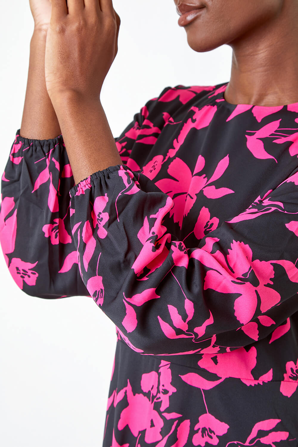 Fuchsia Floral Contrast Print Midi Dress, Image 5 of 5