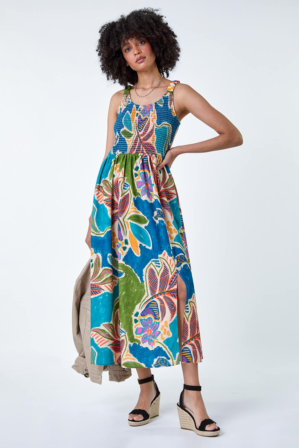 Blue Tropical Leaf Shirred Bodice Midi Dress, Image 2 of 7