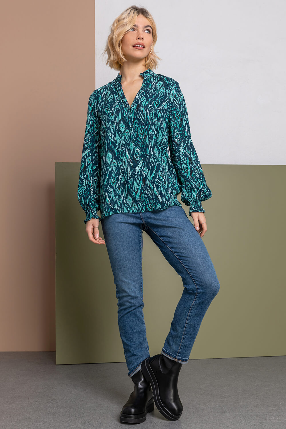 Turquoise Aztec Print Buttoned Blouse, Image 3 of 5