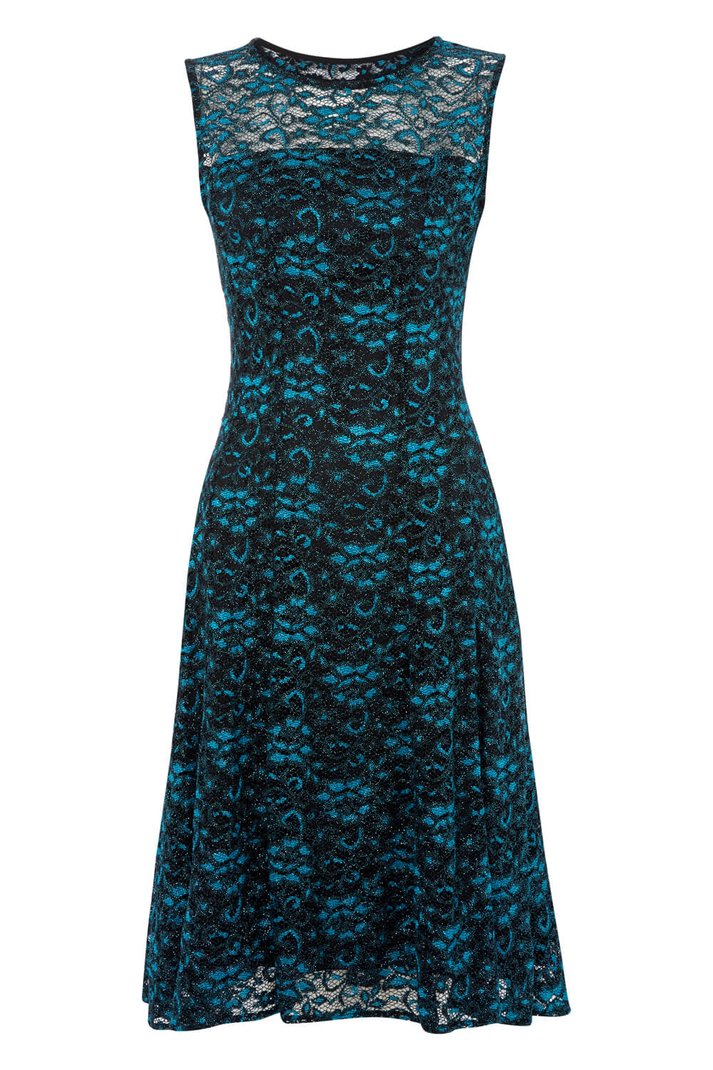 Teal Shimmer Lace Fit and Flare Dress, Image 5 of 5