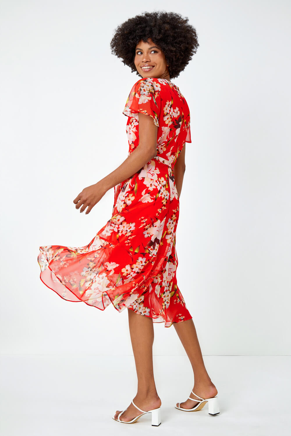 Red Floral Print Chiffon Wrap Dress , Image 4 of 6