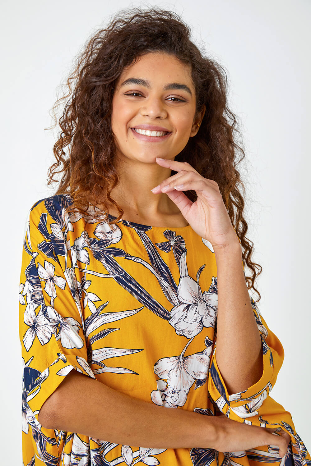 Yellow Floral Print Button Back Top, Image 4 of 5