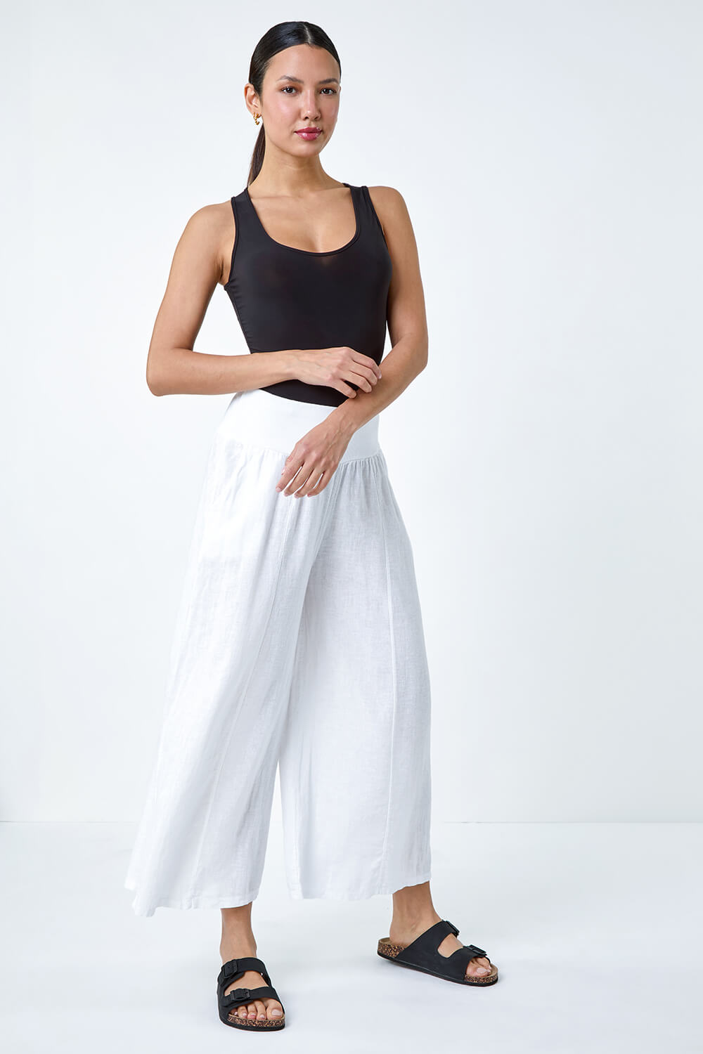 White Linen Blend Stretch Waist Culottes, Image 2 of 5