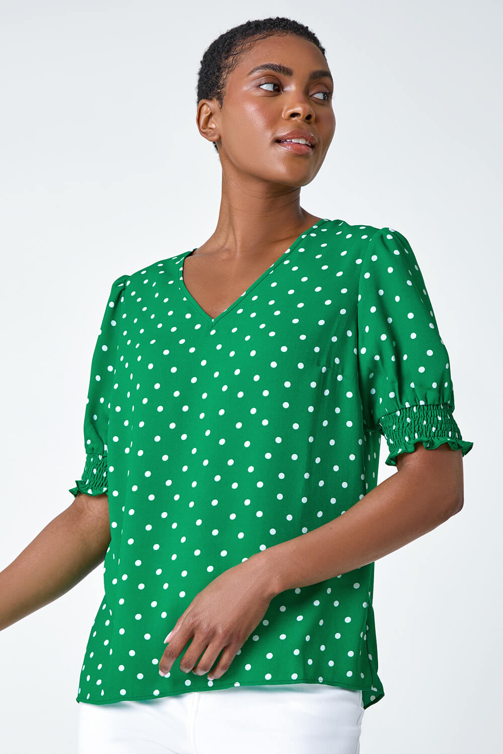 Green Polka Dot Shirred Top, Image 2 of 5