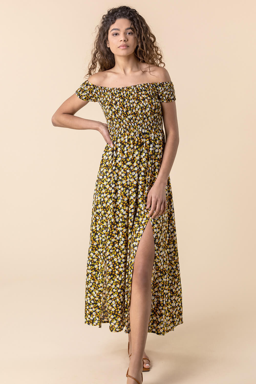 Multi  Shirred Ditsy Floral Print Bardot Dress, Image 3 of 5