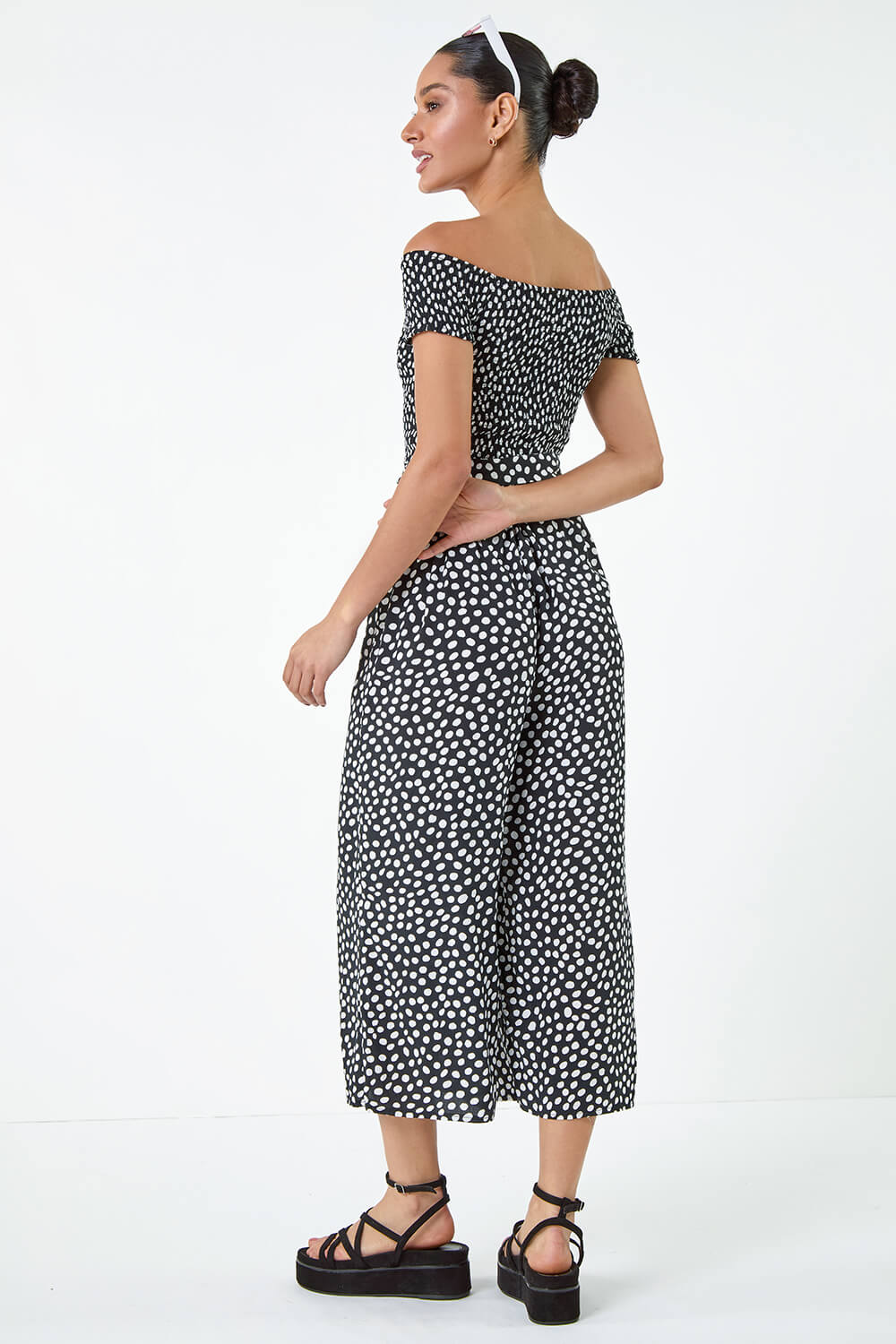 Black Polka Dot Shirred Stretch Bardot Jumpsuit, Image 3 of 5