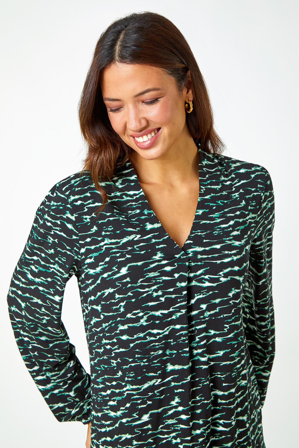 Green Wave Print Pleated Stretch Top, Image 2 of 5