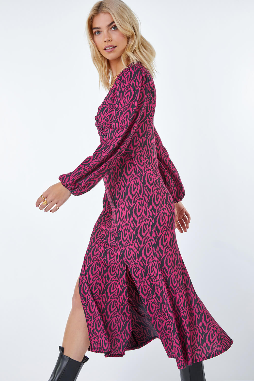 Fuchsia Knot Front Abstract Midi Dress, Image 2 of 5