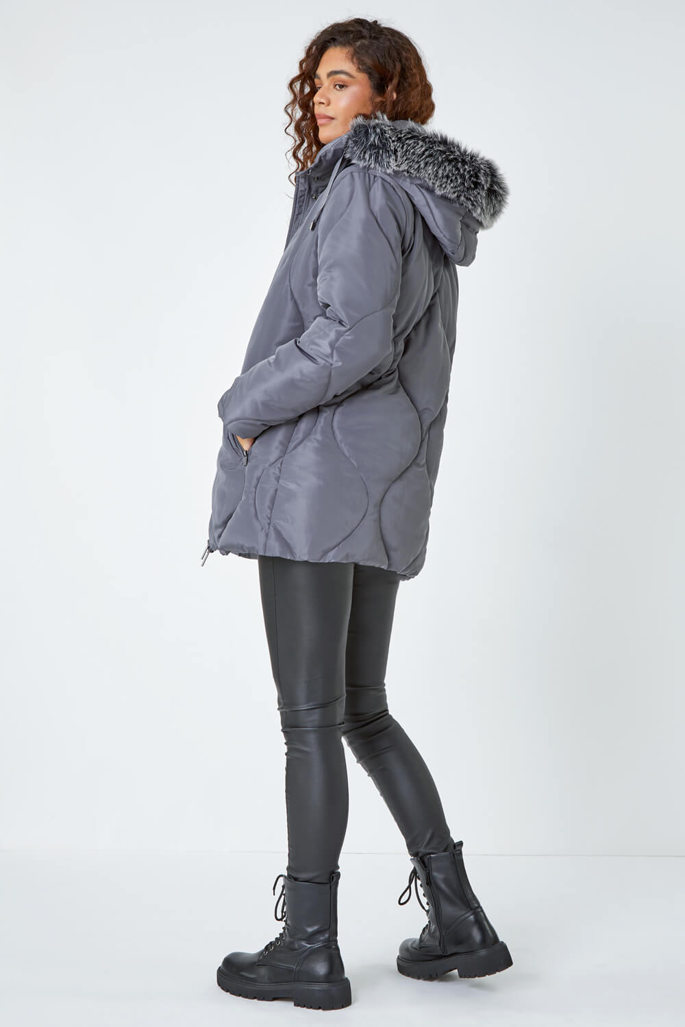 Grey Quilted Faux Fur Hooded Coat, Image 3 of 5