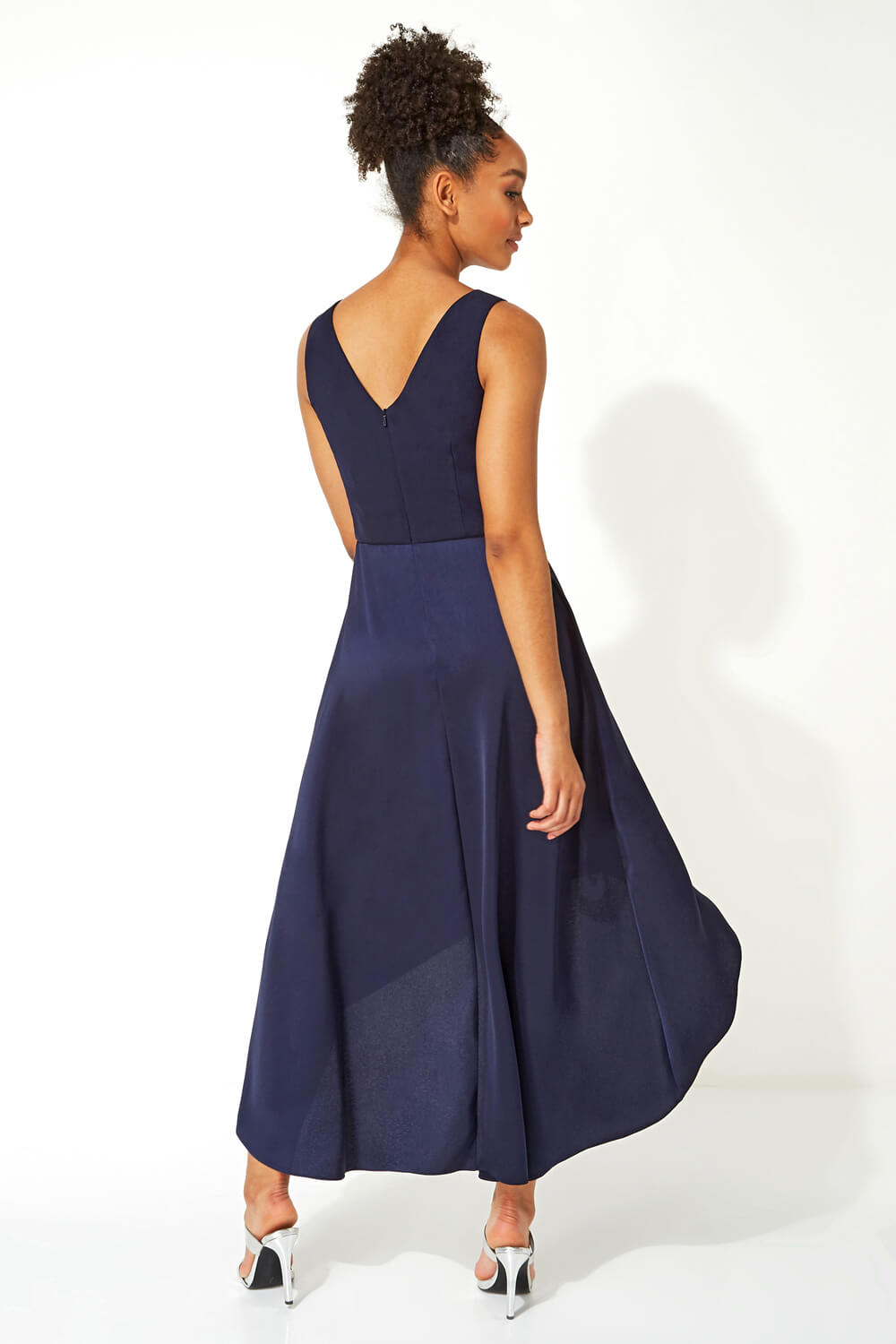 Midnight Blue Embellished Dipped Hem Midi Dress, Image 2 of 4