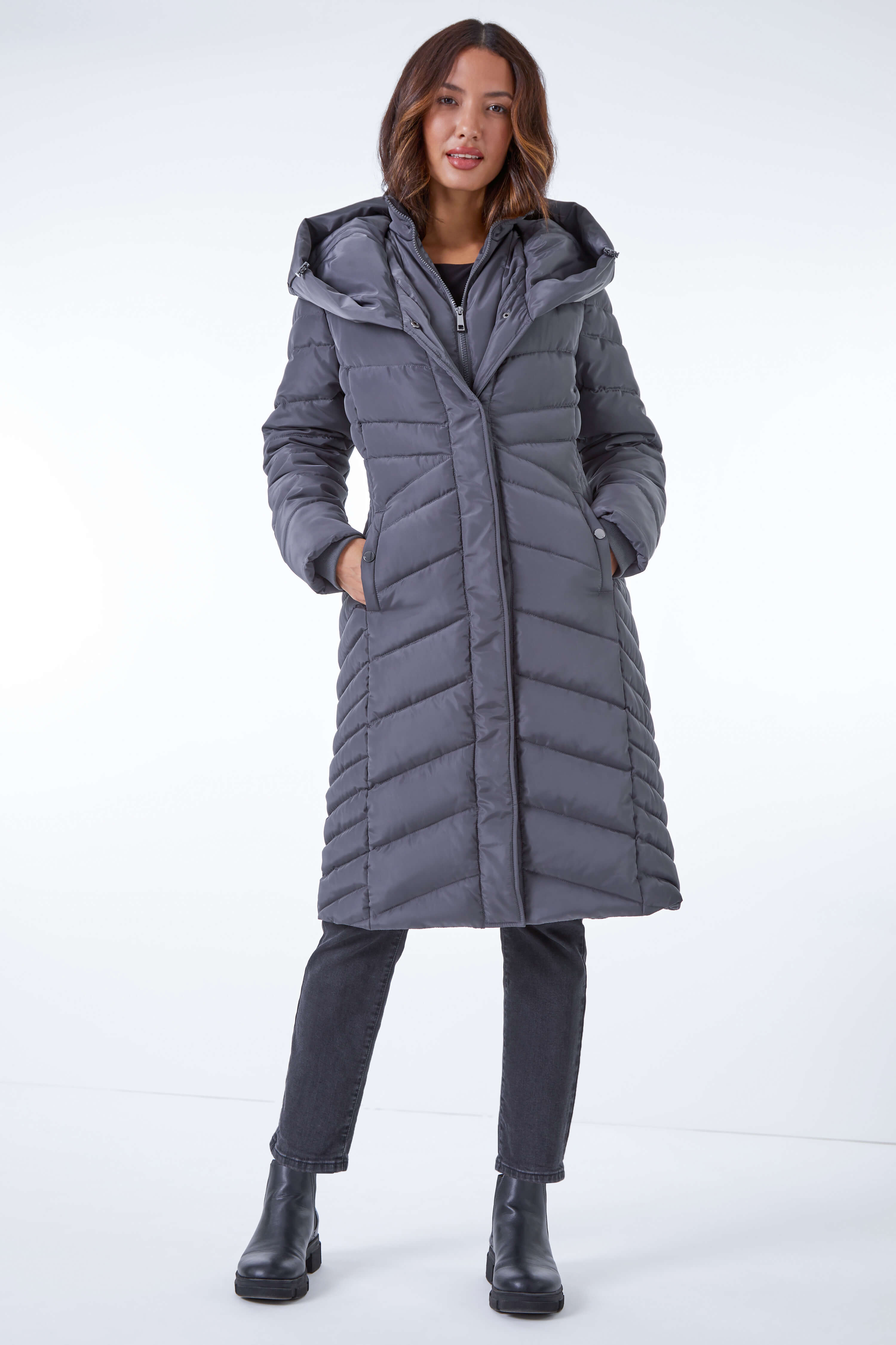 Charcoal Hooded Quilted Coat, Image 2 of 5